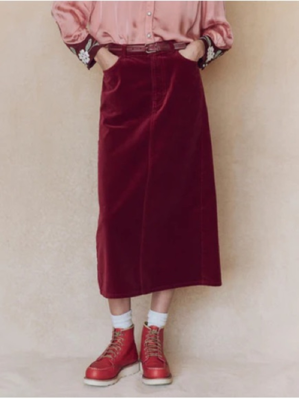 THE GREAT. Velvet Midi Skirt in Deep Burgundy